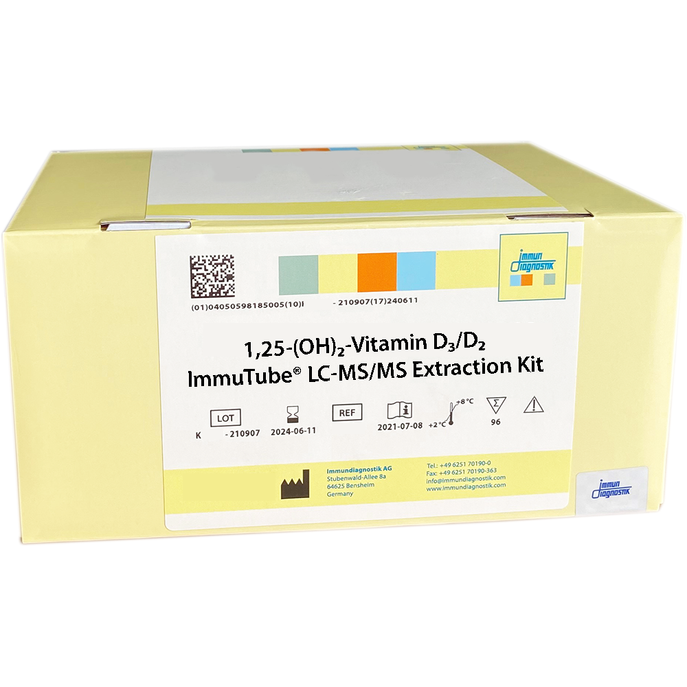 The 1,25-(OH)2-Vitamin D3/D2 ImmuTube® LC-MS/MS Extraction Kit in a yellow box.