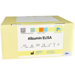 The Albumin ELISA yellow kit box.