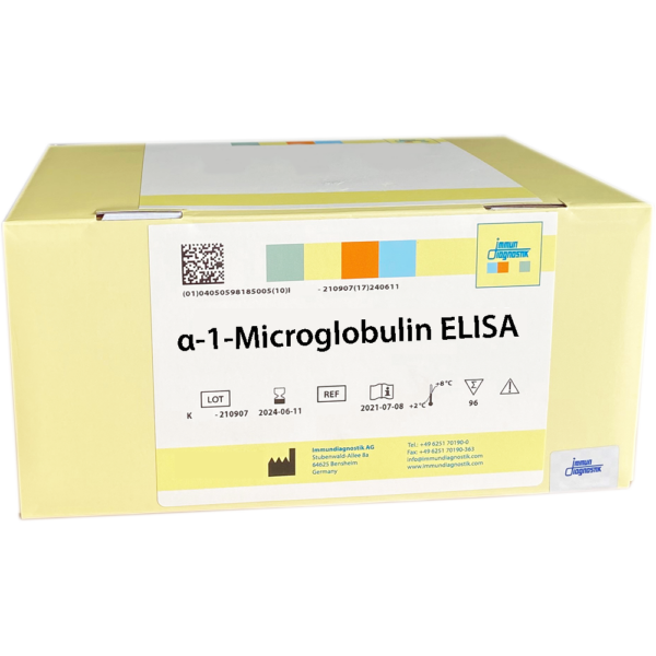 The alpha-1 Microglobulin ELISA yellow kit box.