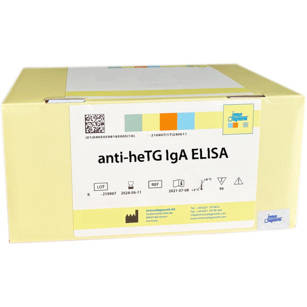 The anti-heTG IgA ELISA yellow kit box.