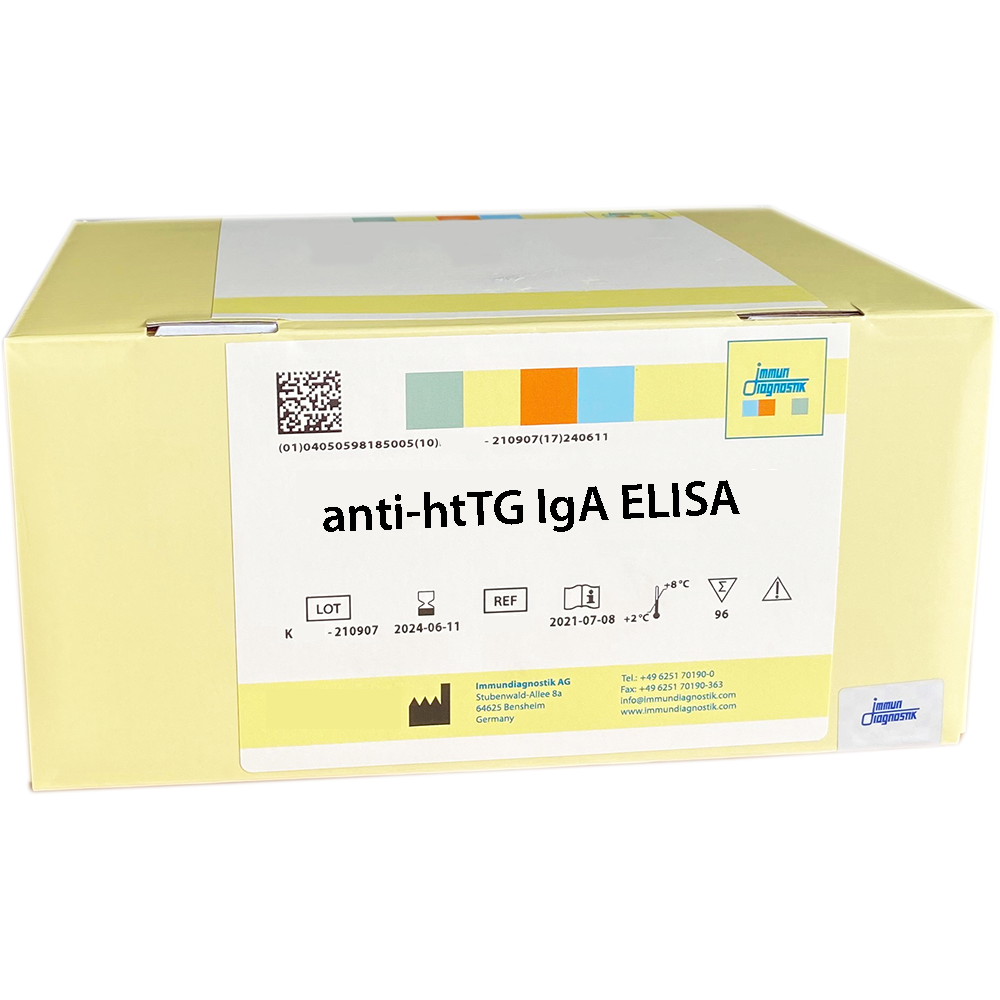 The anti-htTG IgA ELISA yellow kit box.