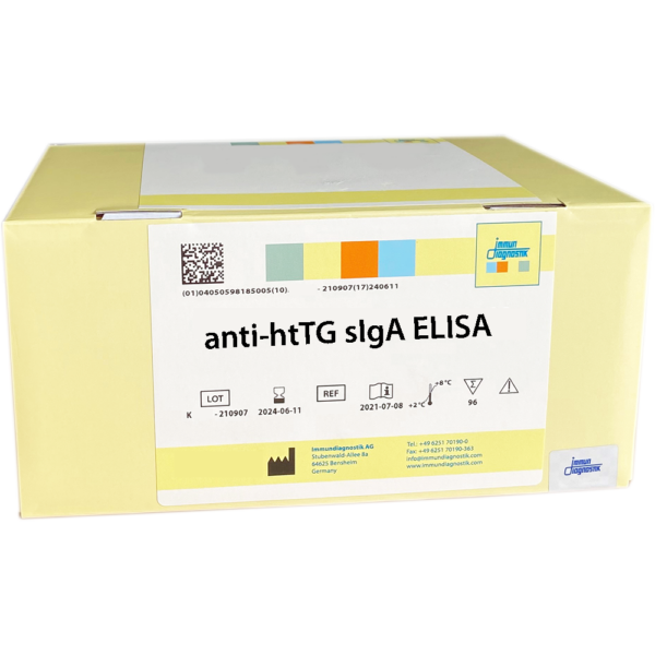 The anti-htTG sIgA ELISA yellow kit box.