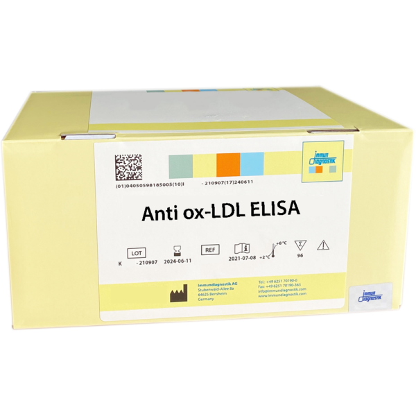 The anti-ox-LDL ELISA yellow kit box.