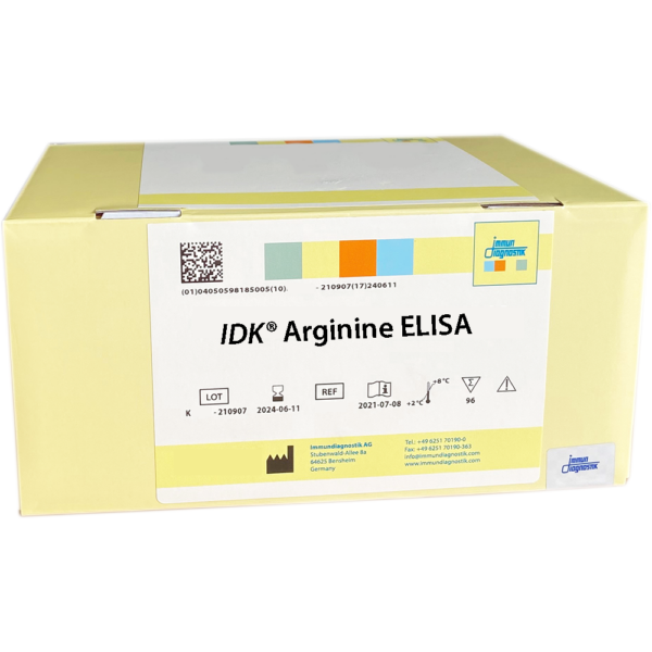 The IDK® Arginine ELISA yellow kit box.