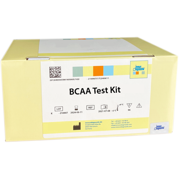 The BCAA Test Kit in a yellow box.