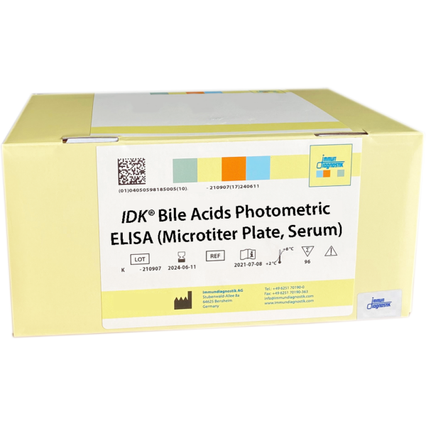 The IDK® Bile Acids Photometric ELISA (Microtiter Plate, Serum) yellow kit box.