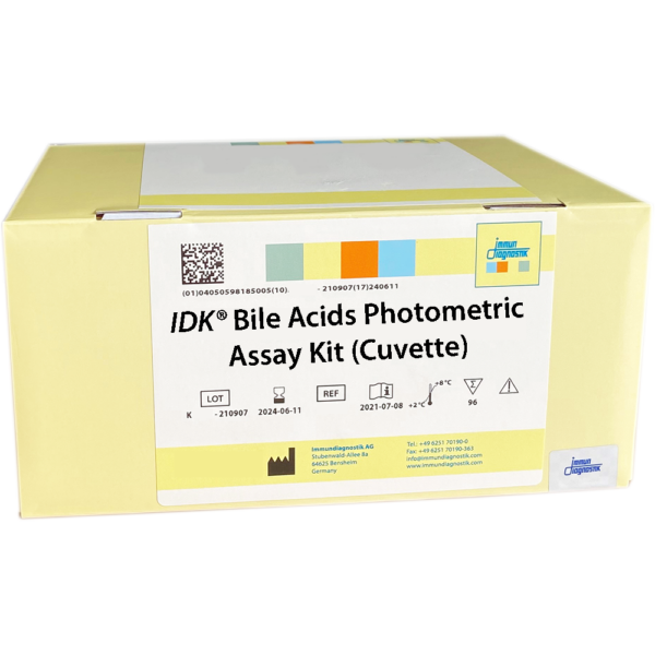 The IDK® Bile Acids Photometric Assay Kit (Cuvette) yellow kit box.