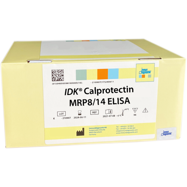 The IDK® Calprotectin MRP8/14 ELISA yellow kit box.