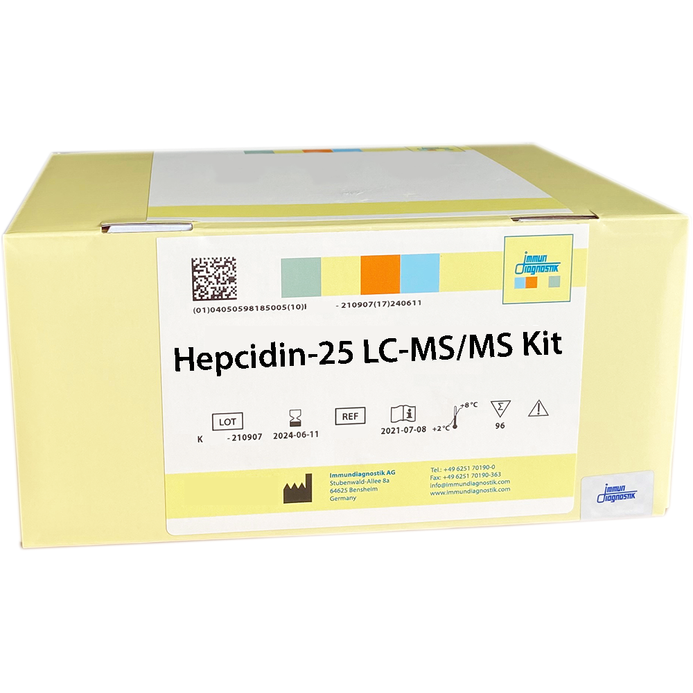 The Hepcidin-25 LC-MS/MS Kit in a yellow kit box.
