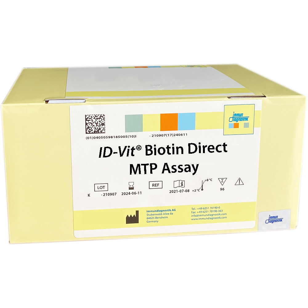 The ID-Vit® Biotin Direct MTP Assay yellow kit box.