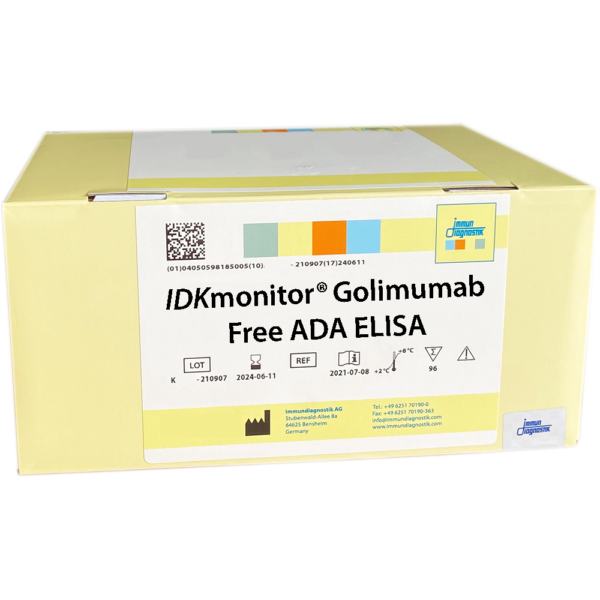 The IDKmonitor® Golimumab Free ADA ELISA yellow kit box.