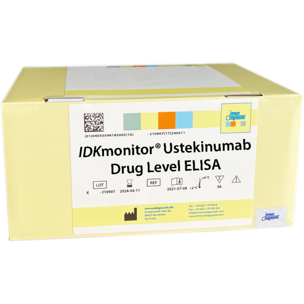 The IDKmonitor® Ustekinumab Drug Level ELISA yellow kit box.