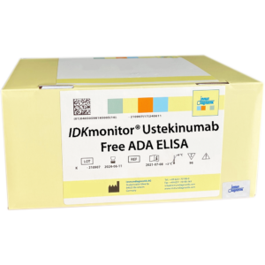 The Ustekinumab Free ADA ELISA yellow kit box.