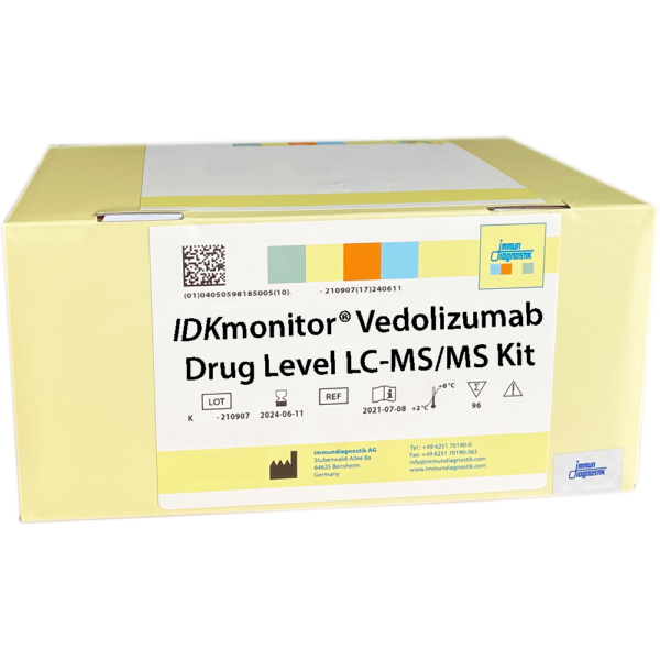 The IDKmonitor® Vedolizumab Drug Level LC-MS/MS Kit in a yellow kit box.