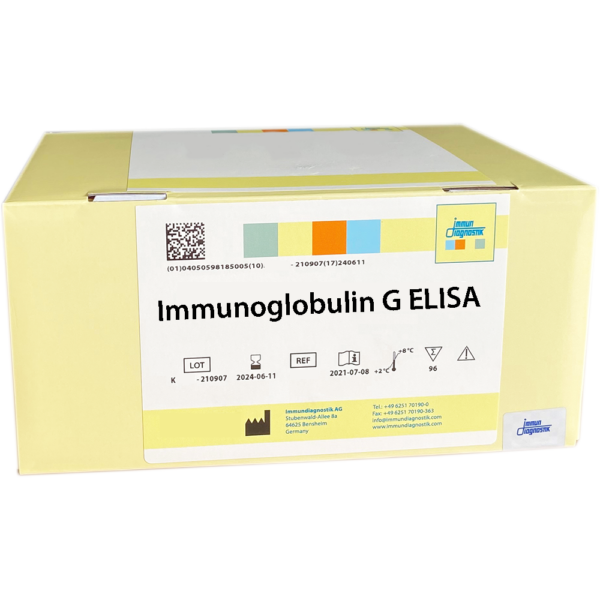 The Immunoglobulin G ELISA yellow kit box.