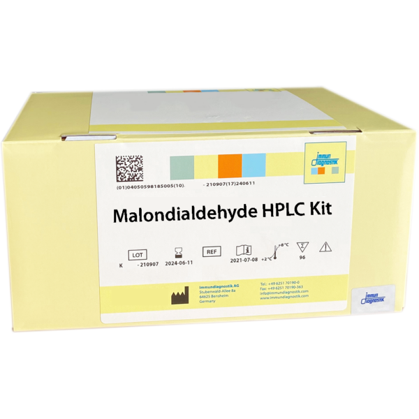 The Malondialdehyde HPLC Kit yellow kit box.