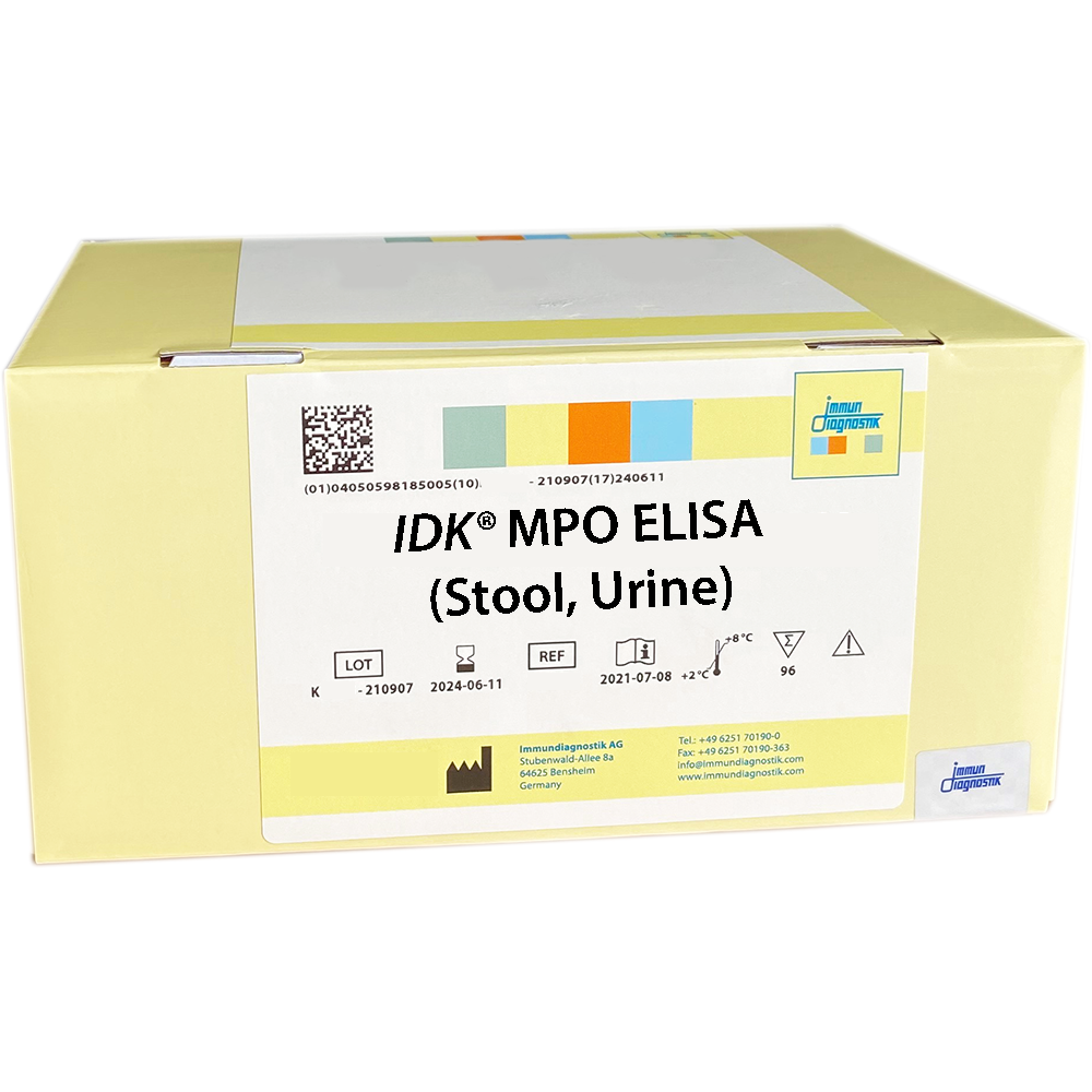 The IDK® MPO ELISA (Stool, Urine) yellow kit box.