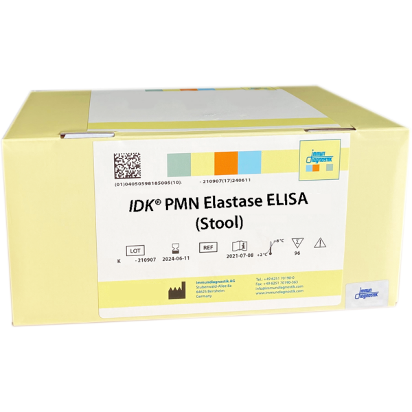 The IDK® PMN Elastase ELISA (Stool) yellow kit box.