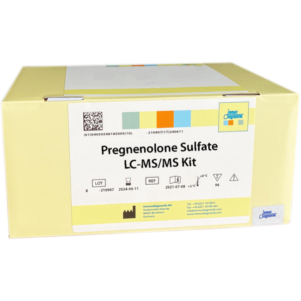 The Pregnenolone Sulfate LC-MS/MS Kit yellow kit box.