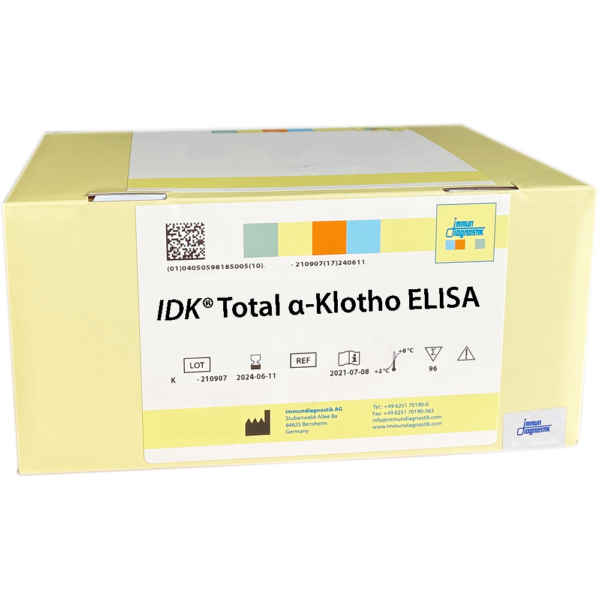 The IDK® Total alpha-Klotho ELISA yellow kit box.