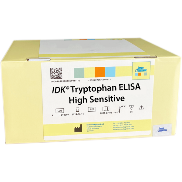 The IDK® Tryptophan ELISA High Sensitive yellow kit box.