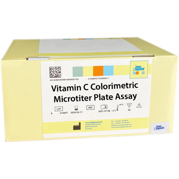 The Vitamin C Colorimetric Microtiter Plate Assay yellow kit box.