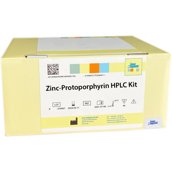 The Zinc-Protoporphyrin HPLC Kit yellow kit box.