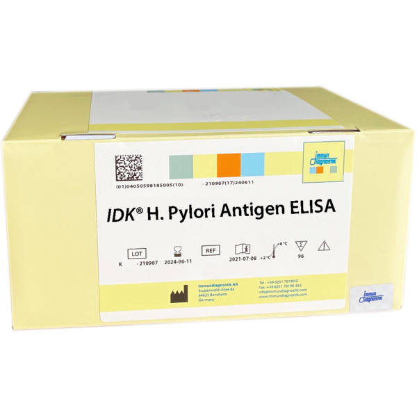 The IDK® H. Pylori Antigen ELISA yellow kit box.