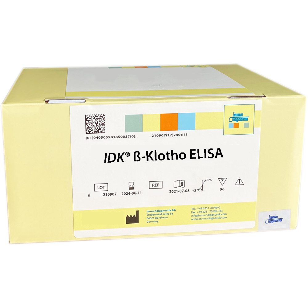 The IDK® Beta-Klotho ELISA yellow kit box.