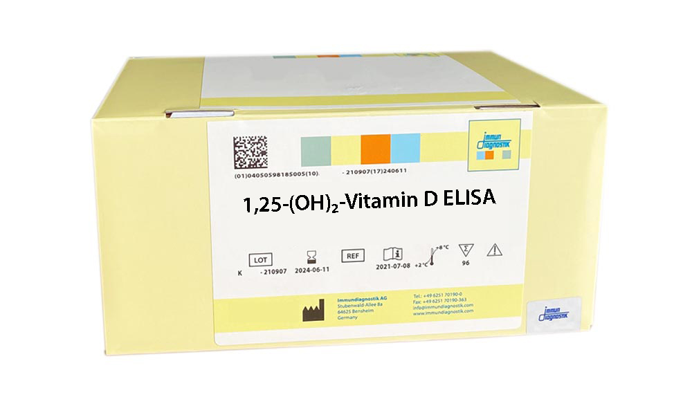 A yellow Immundiagnostik ELISA kit box with a white label that says, "1,25-(OH)2-Vitamin D ELISA".