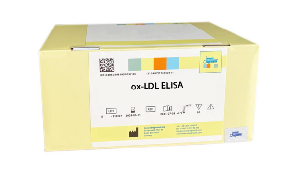 A yellow Immundiagnostik ELISA kit box with a white label that says, "ox-LDL ELISA".