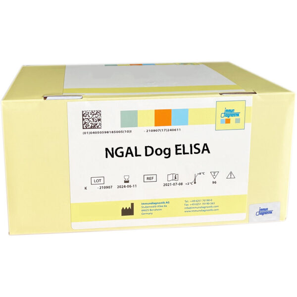 The NGAL Dog ELISA yellow kit box.