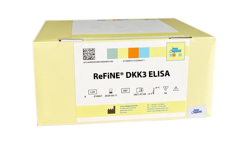 The ReFiNE® DKK3 ELISA yellow kit box against a white background.